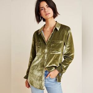Maeve Anthropologie Karina Green Velvet Long Sleeve Button Up Shirt Women Size 4